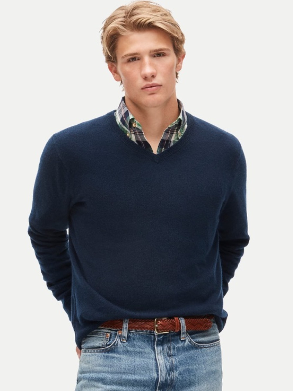 J.Crew Men's Navy Blue V Neck Cashmere Sweater - Small